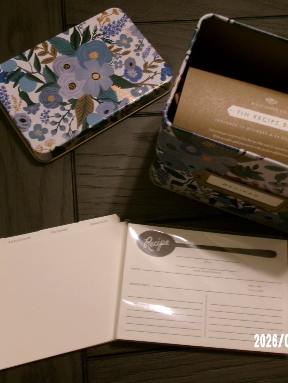 NEW RIFLE PAPER CO Blue White floral Recipes Tin Box With Cards 6x4x5” Gold Trim